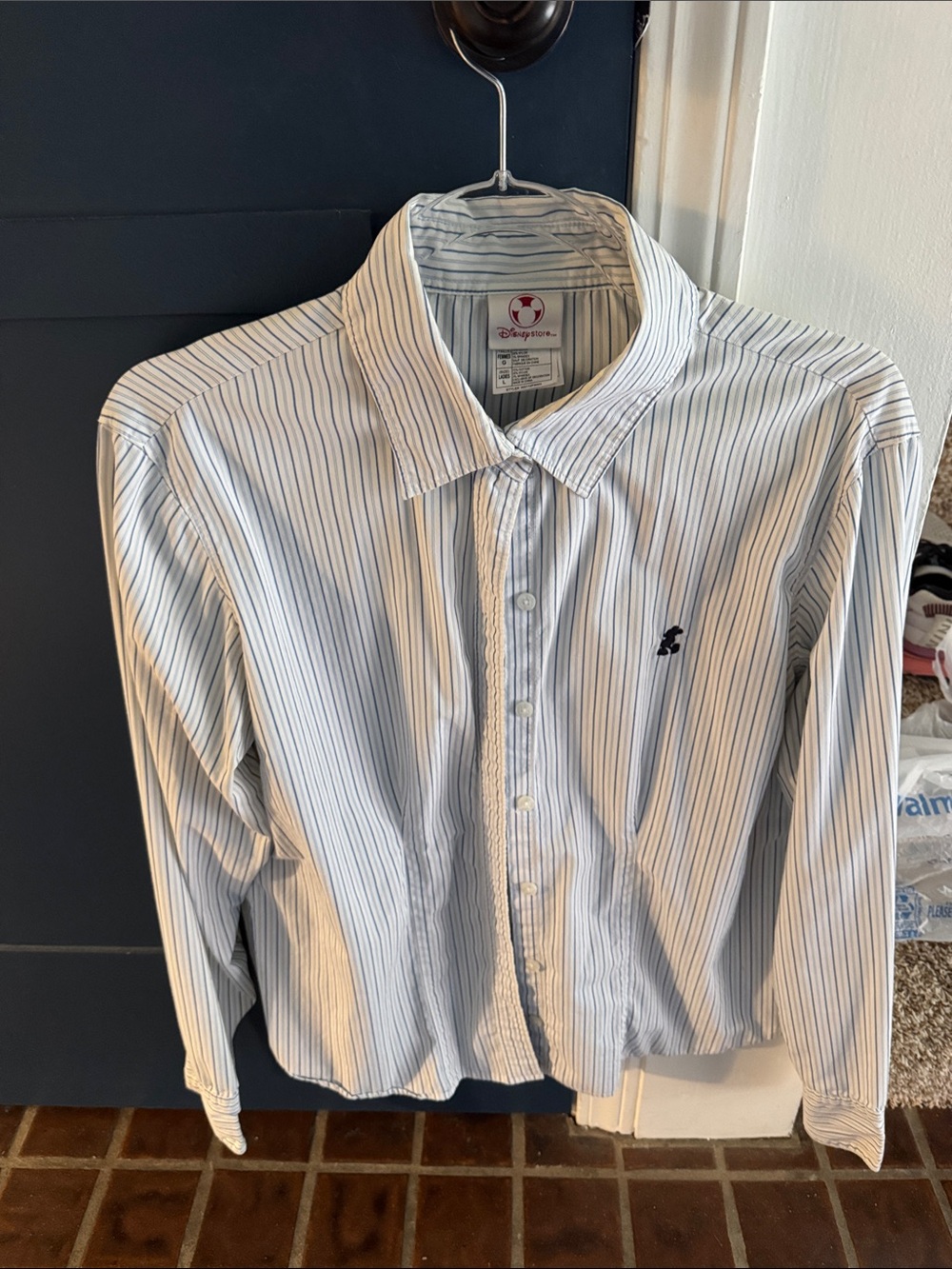 Disney Women's White Button-Down Shirt with Blue Pinstripes